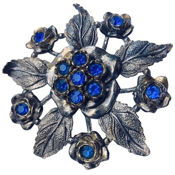 Vintage Mid Century Signed Little Nemo Floral Brooch Blue Rhinestone Flower Leaf - Picture 1 of 10